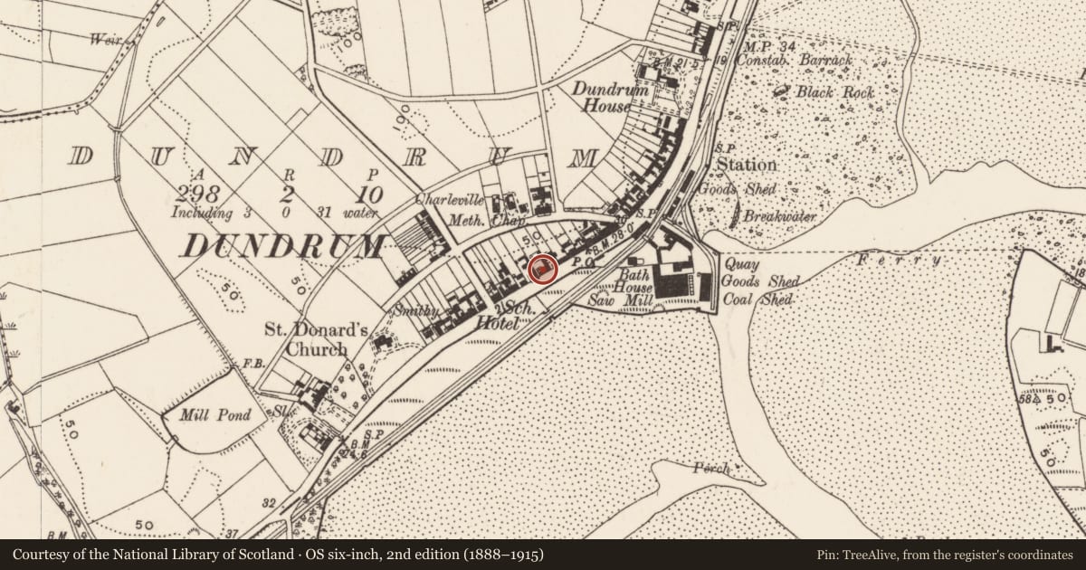 Ordnance Survey six-inch map, 2nd edition (1888–1915) covering the location of 135 Main St., Newry, Mourne and Down, with a pin at the register's coordinates