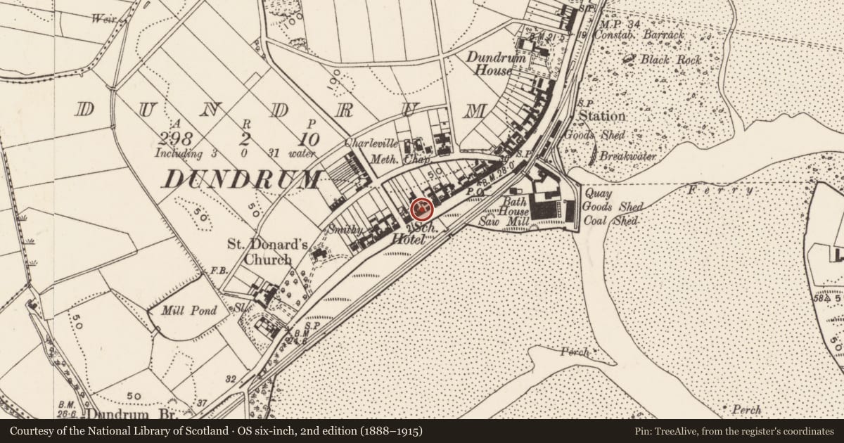 Ordnance Survey six-inch map, 2nd edition (1888–1915) covering the location of 'The Murlough Tavern', Dundrum, Newry, Mourne and Down, with a pin at the register's coordinates