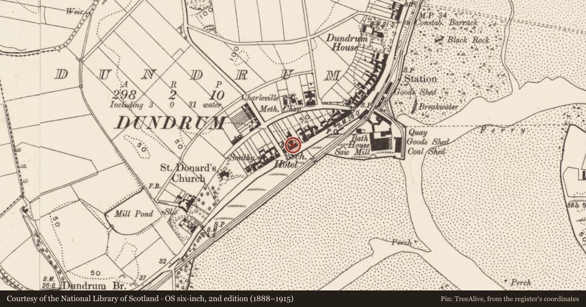 Ordnance Survey six-inch map, 2nd edition (1888–1915) covering the location of 147 Main St., Newry, Mourne and Down, with a pin at the register's coordinates