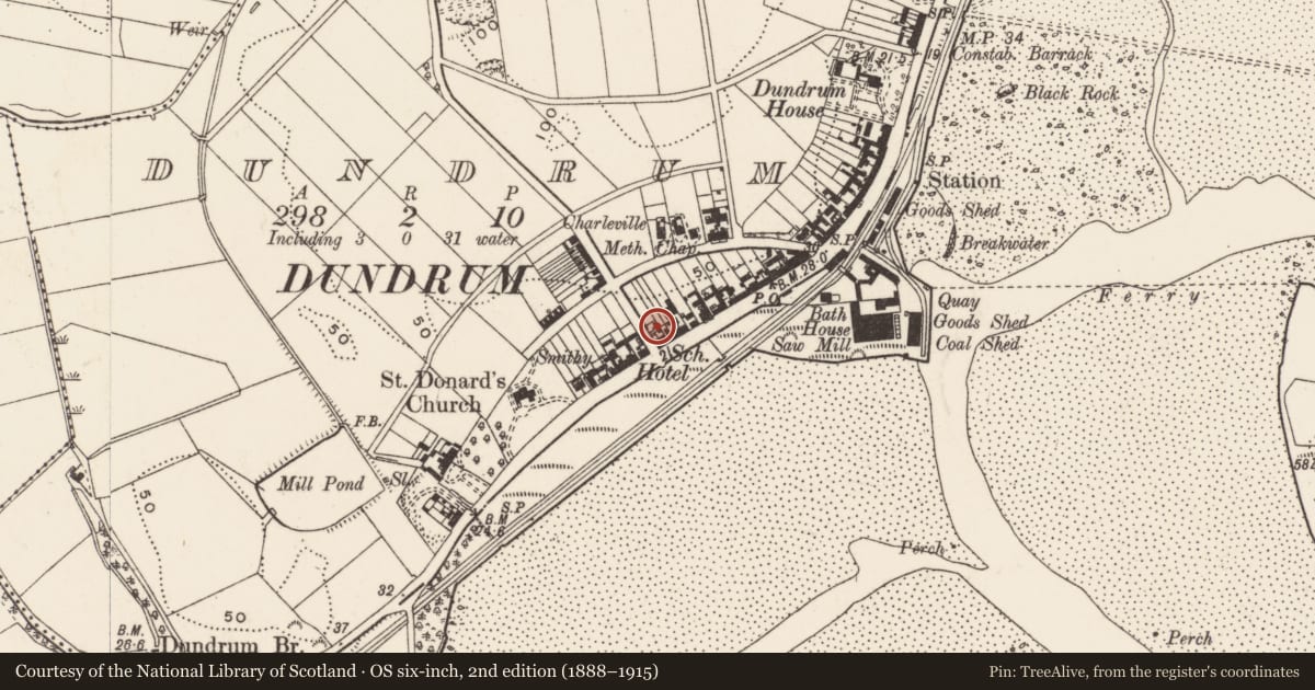 Ordnance Survey six-inch map, 2nd edition (1888–1915) covering the location of School Cottage, Newry, Mourne and Down, with a pin at the register's coordinates