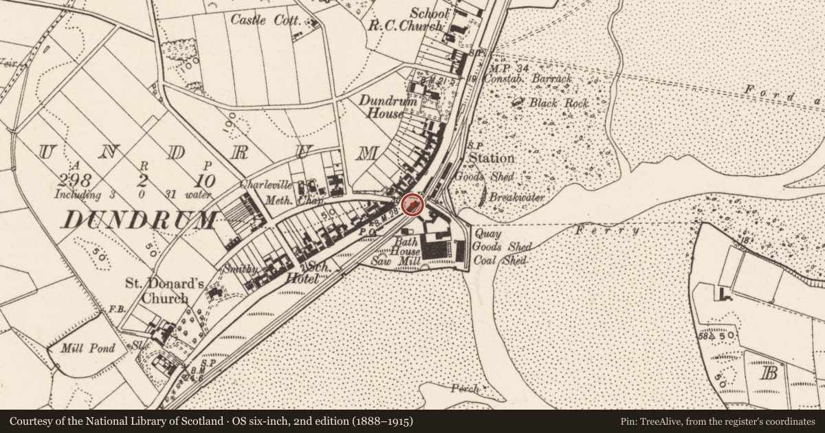 Ordnance Survey six-inch map, 2nd edition (1888–1915) covering the location of 8 Main St., Newry, Mourne and Down, with a pin at the register's coordinates