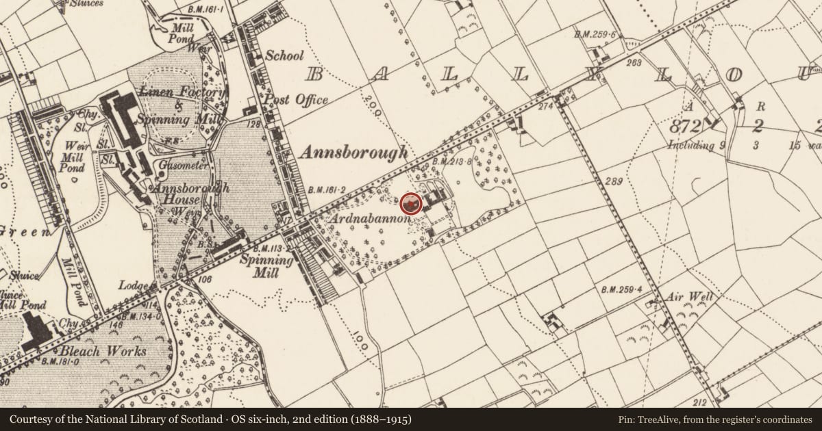 Ordnance Survey six-inch map, 2nd edition (1888–1915) covering the location of ARDNABANNON, Newry, Mourne and Down, with a pin at the register's coordinates