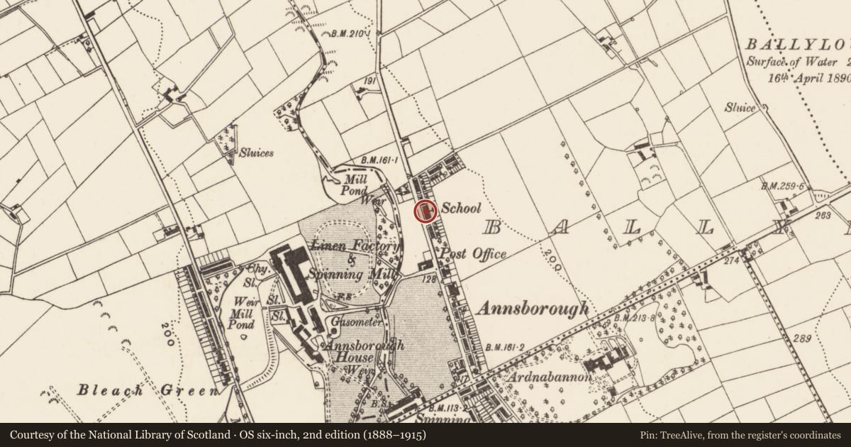 Ordnance Survey six-inch map, 2nd edition (1888–1915) covering the location of Annsborough School, Newry, Mourne and Down, with a pin at the register's coordinates