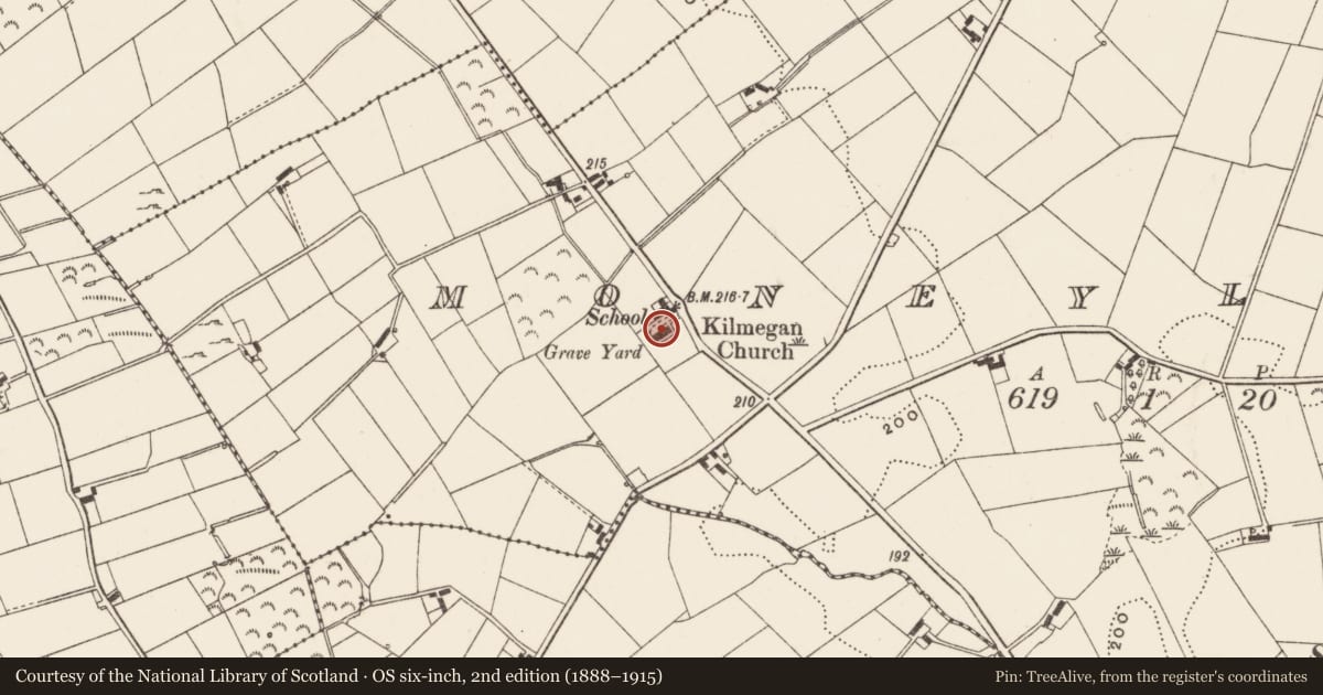 Ordnance Survey six-inch map, 2nd edition (1888–1915) covering the location of KILMEGAN C OF I CHURCH, Newry, Mourne and Down, with a pin at the register's coordinates