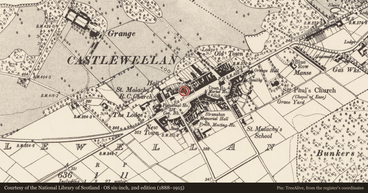 Ordnance Survey six-inch map, 2nd edition (1888–1915) covering the location of 11 Lower Square, Newry, Mourne and Down, with a pin at the register's coordinates