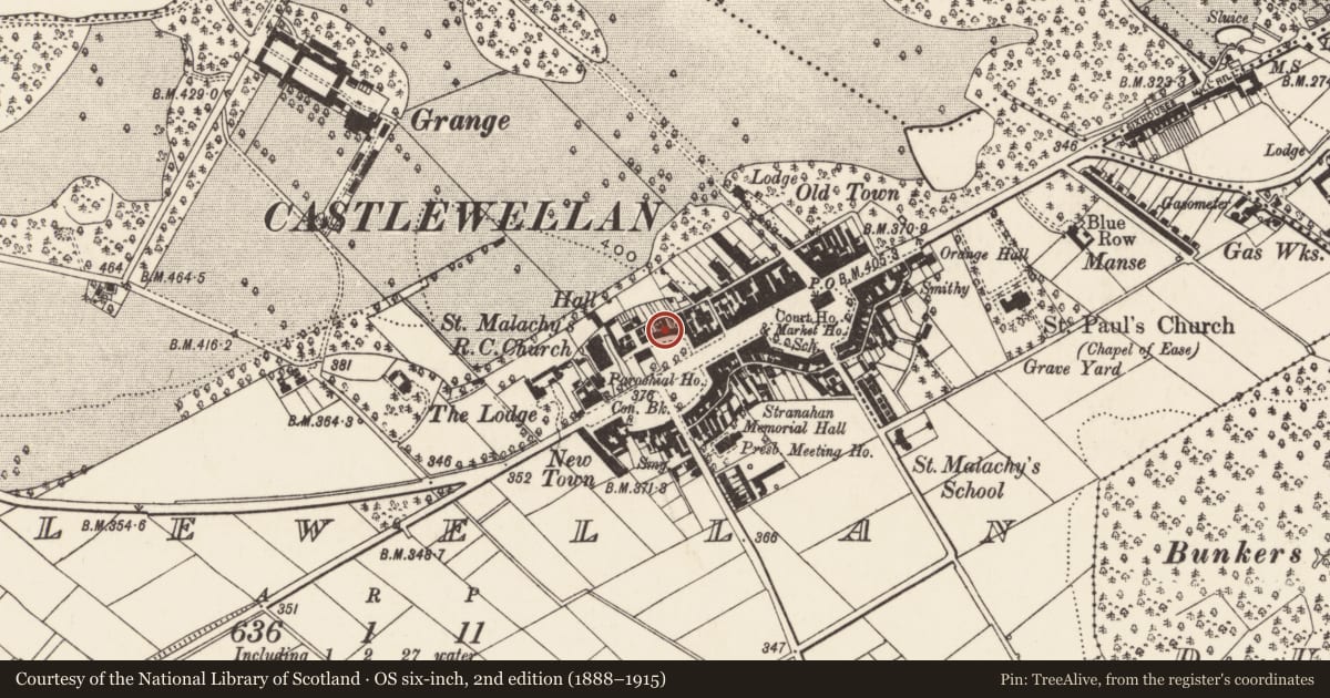 Ordnance Survey six-inch map, 2nd edition (1888–1915) covering the location of 19 Lower Square, Newry, Mourne and Down, with a pin at the register's coordinates