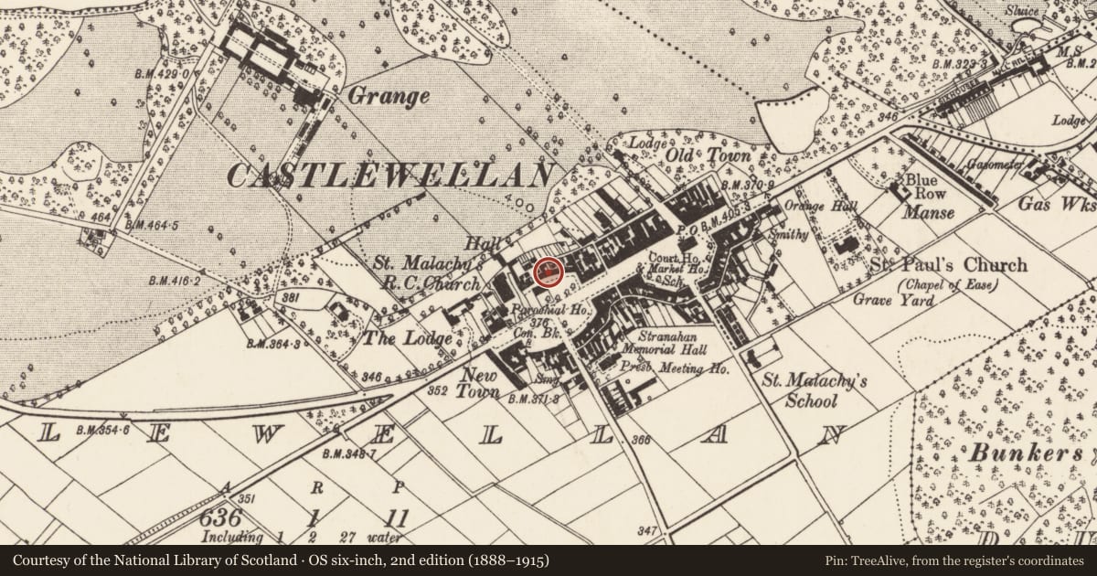 Ordnance Survey six-inch map, 2nd edition (1888–1915) covering the location of 25 Lower Square, Newry, Mourne and Down, with a pin at the register's coordinates