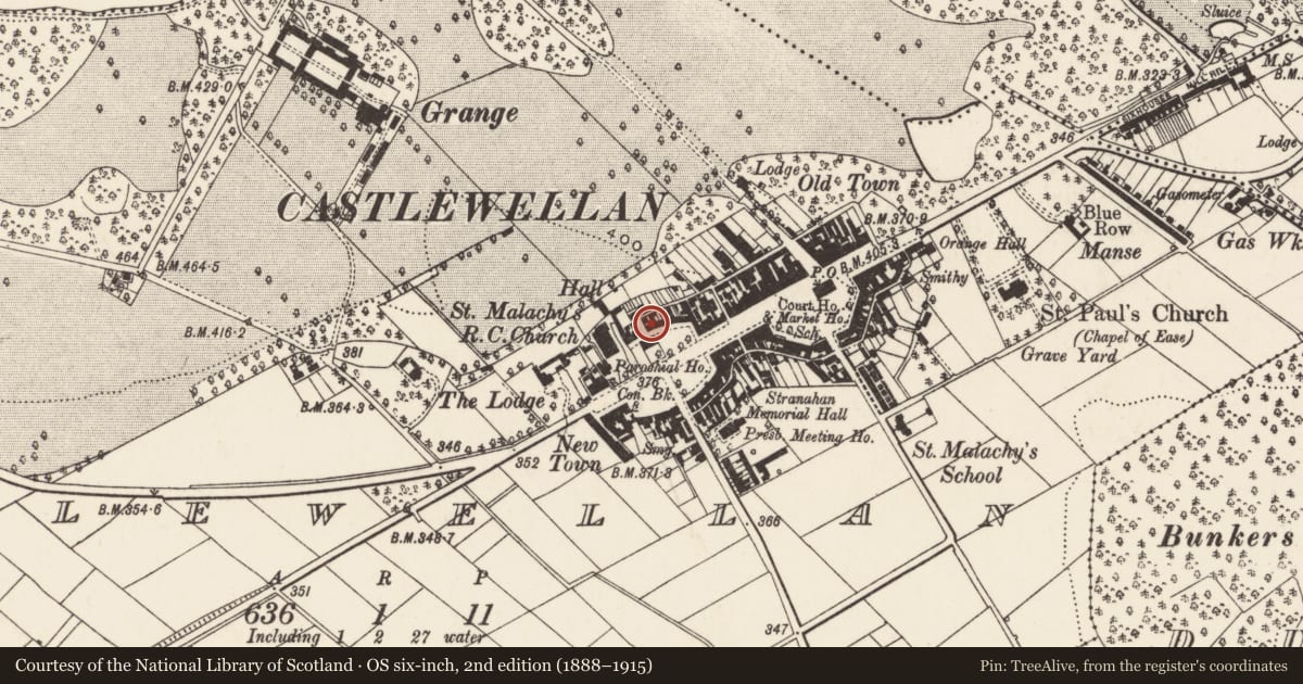 Ordnance Survey six-inch map, 2nd edition (1888–1915) covering the location of 29 Lower Square, Newry, Mourne and Down, with a pin at the register's coordinates