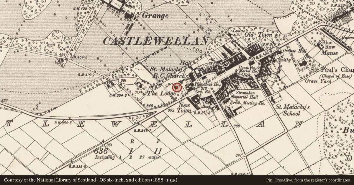 Ordnance Survey six-inch map, 2nd edition (1888–1915) covering the location of The Lodge, Newry, Mourne and Down, with a pin at the register's coordinates