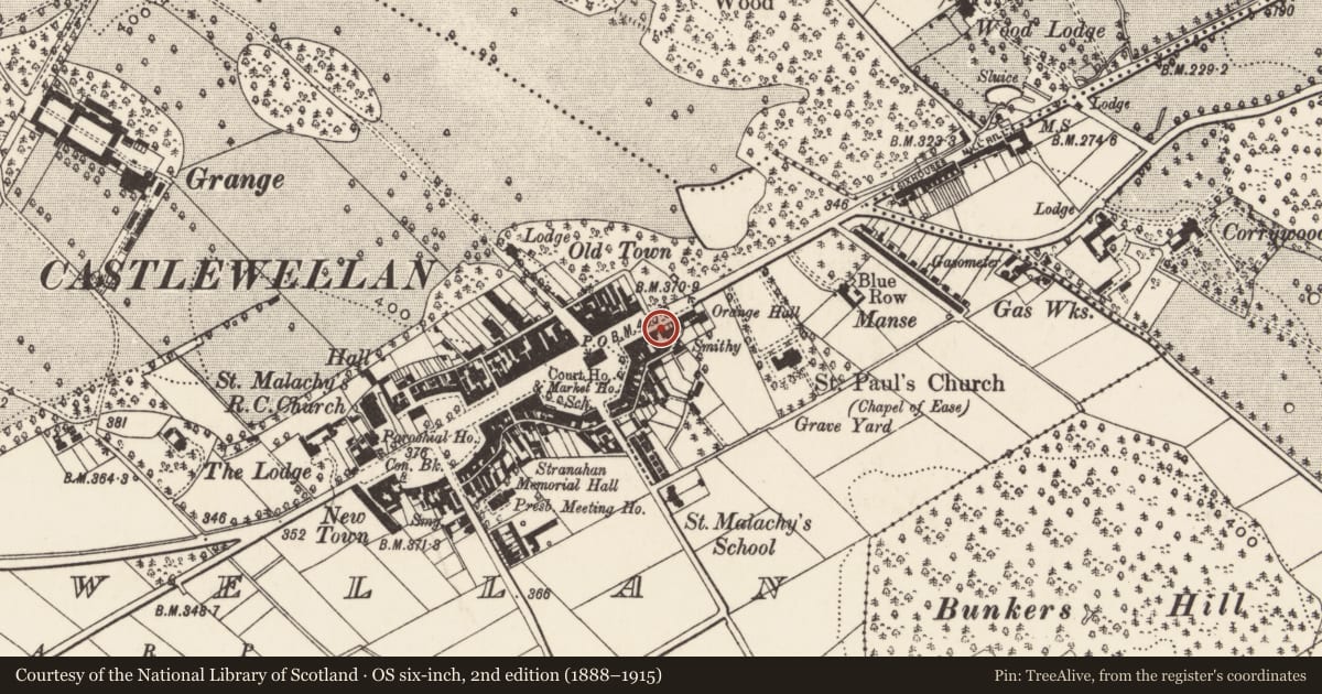 Ordnance Survey six-inch map, 2nd edition (1888–1915) covering the location of Gospel Hall, Newry, Mourne and Down, with a pin at the register's coordinates