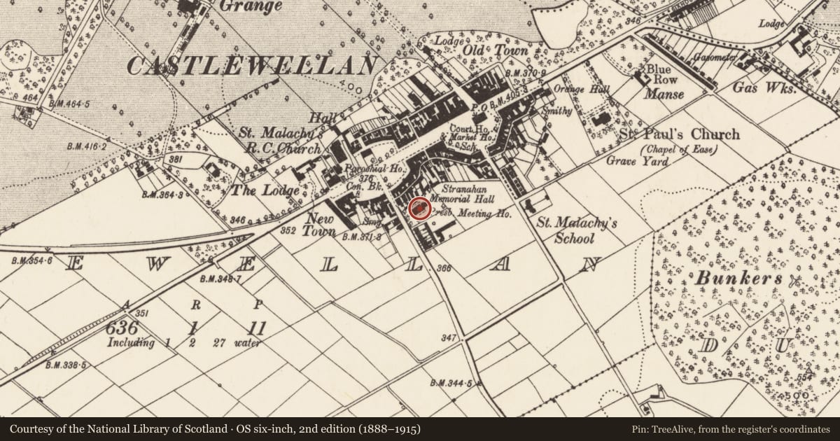 Ordnance Survey six-inch map, 2nd edition (1888–1915) covering the location of Gospel Hall, Newry, Mourne and Down, with a pin at the register's coordinates
