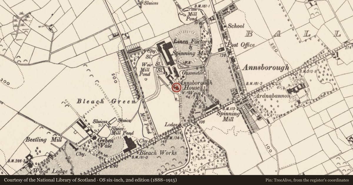 Ordnance Survey six-inch map, 2nd edition (1888–1915) covering the location of Annsborough House, Newry, Mourne and Down, with a pin at the register's coordinates