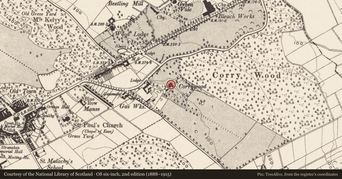 Ordnance Survey six-inch map, 2nd edition (1888–1915) covering the location of Corriewood House, Newry, Mourne and Down, with a pin at the register's coordinates