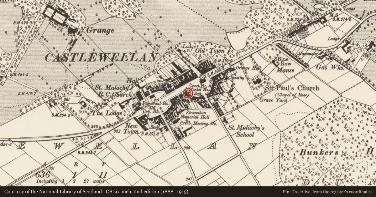 Ordnance Survey six-inch map, 2nd edition (1888–1915) covering the location of Ulster Bank, Newry, Mourne and Down, with a pin at the register's coordinates