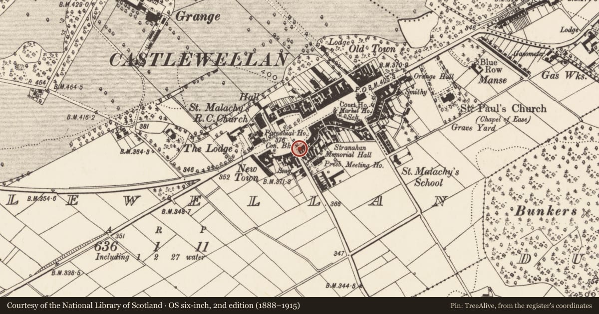 Ordnance Survey six-inch map, 2nd edition (1888–1915) covering the location of Telephone Kiosk, junction of Newcastle Road and Lower Square, Castlewellan, Co Down BT31 9DW, Newry, Mourne and Down, with a pin at the register's coordinates