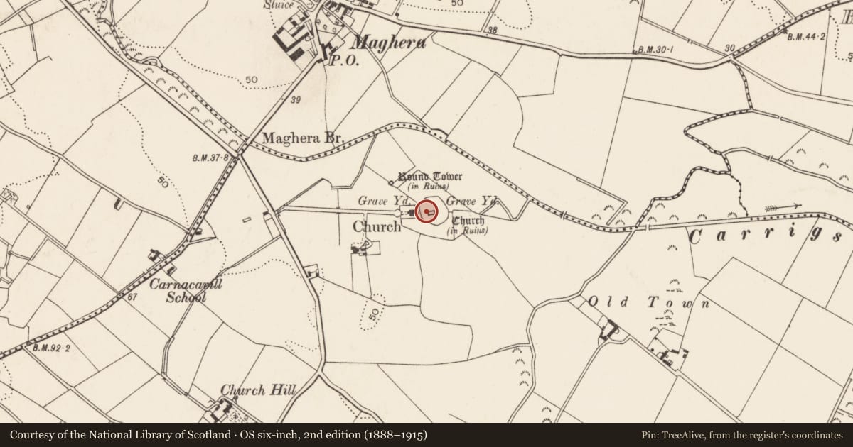 Ordnance Survey six-inch map, 2nd edition (1888–1915) covering the location of Maghera old church, Carnacavill, Newry, Mourne and Down, with a pin at the register's coordinates