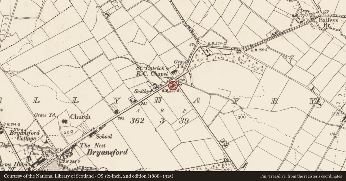 Ordnance Survey six-inch map, 2nd edition (1888–1915) covering the location of 2 Bryansford village, Ballyhafry, Newry, Mourne and Down, with a pin at the register's coordinates