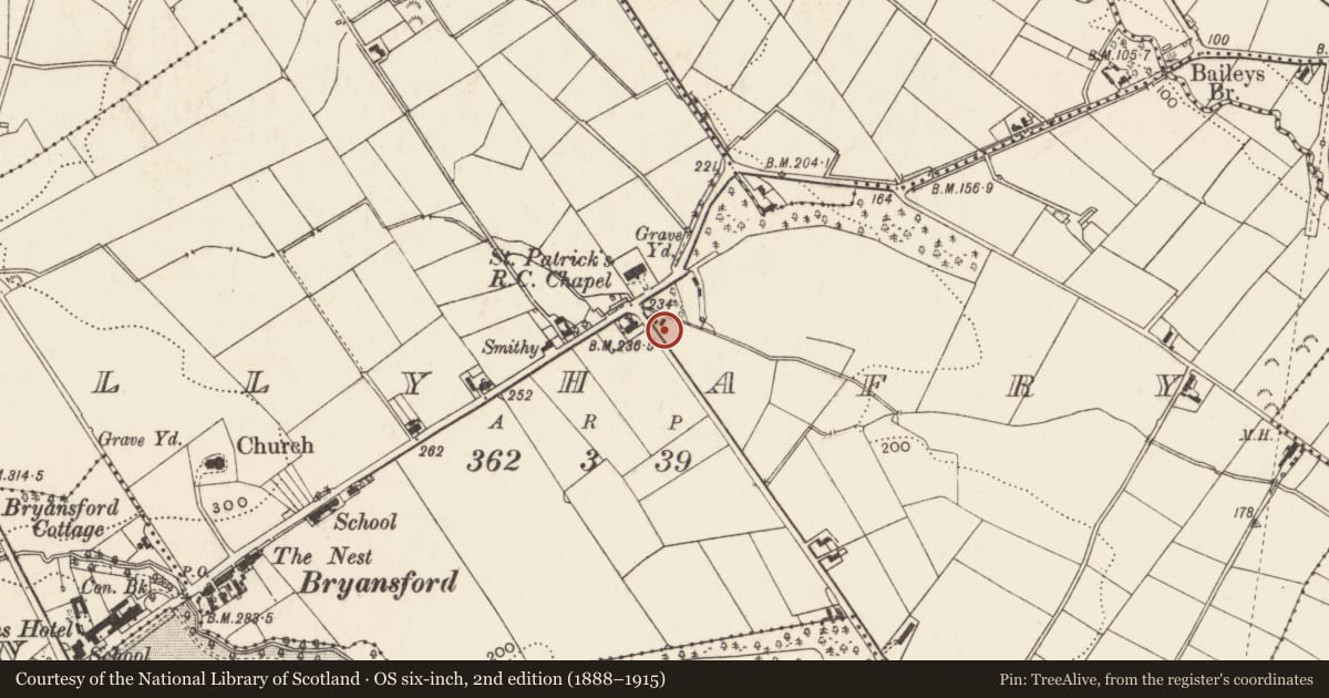 Ordnance Survey six-inch map, 2nd edition (1888–1915) covering the location of Outbuilding, Ballyhafry, Newry, Mourne and Down, with a pin at the register's coordinates