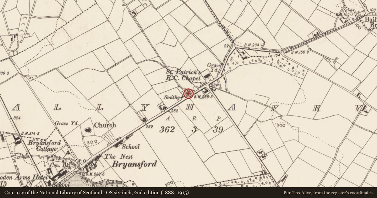 Ordnance Survey six-inch map, 2nd edition (1888–1915) covering the location of 7 Bryansford village, Ballyhafry, Newry, Mourne and Down, with a pin at the register's coordinates