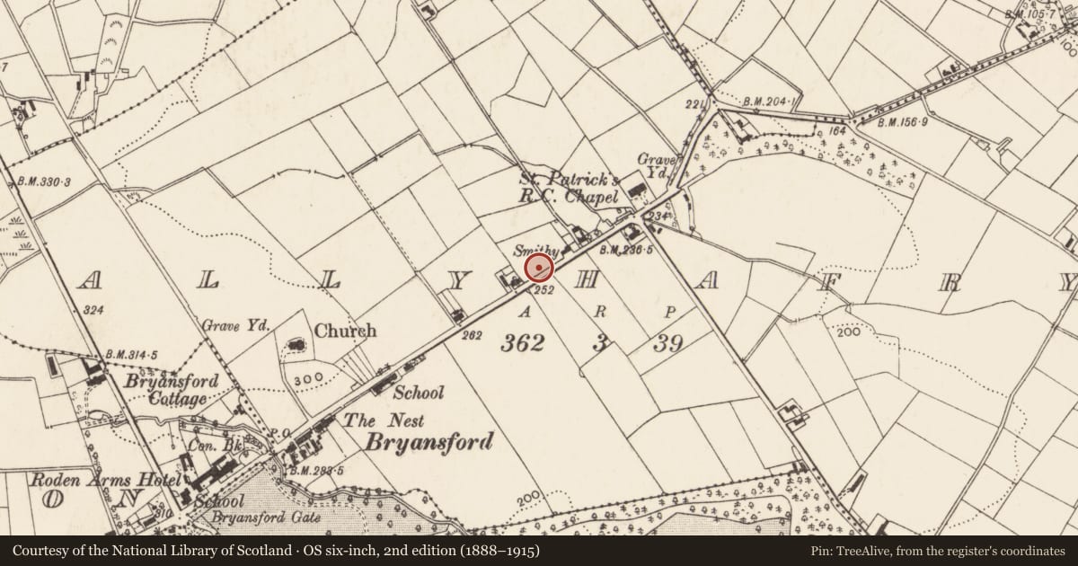 Ordnance Survey six-inch map, 2nd edition (1888–1915) covering the location of 17 Bryansford village (Wyllie Cottages), Ballyhafry, Newry, Mourne and Down, with a pin at the register's coordinates