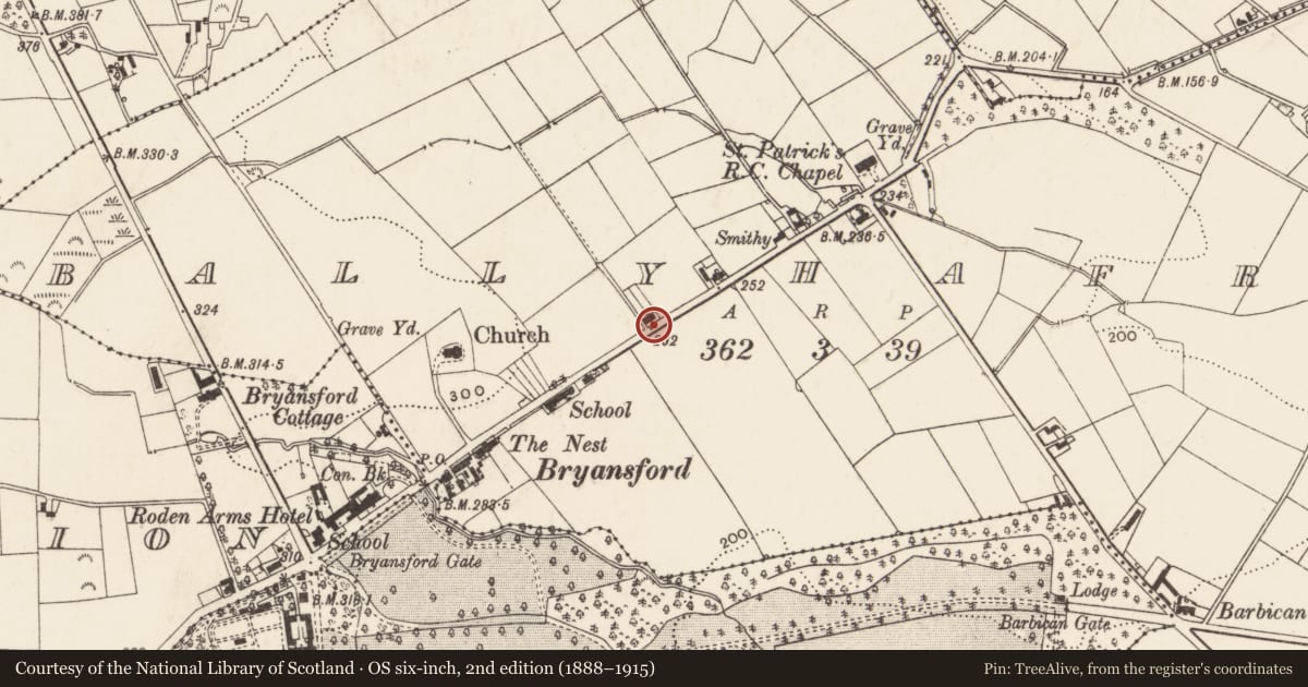 Ordnance Survey six-inch map, 2nd edition (1888–1915) covering the location of 31 Bryansford village, Ballyhafry, Newry, Mourne and Down, with a pin at the register's coordinates