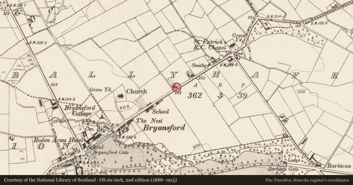 Ordnance Survey six-inch map, 2nd edition (1888–1915) covering the location of 29 Bryansford village, Ballyhafry, Newry, Mourne and Down, with a pin at the register's coordinates