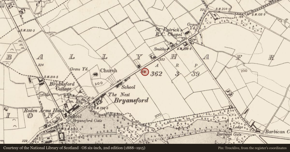 Ordnance Survey six-inch map, 2nd edition (1888–1915) covering the location of 40 Bryansford village, Ballyhafry, Newry, Mourne and Down, with a pin at the register's coordinates