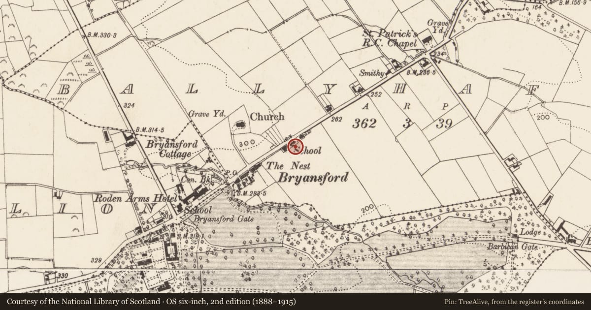 Ordnance Survey six-inch map, 2nd edition (1888–1915) covering the location of 46 Bryansford village, Ballyhafry, Newry, Mourne and Down, with a pin at the register's coordinates