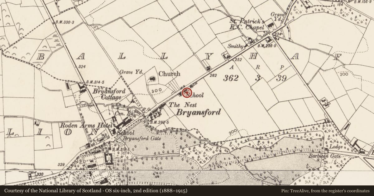 Ordnance Survey six-inch map, 2nd edition (1888–1915) covering the location of 48 Bryansford village, Ballyhafry, Newry, Mourne and Down, with a pin at the register's coordinates