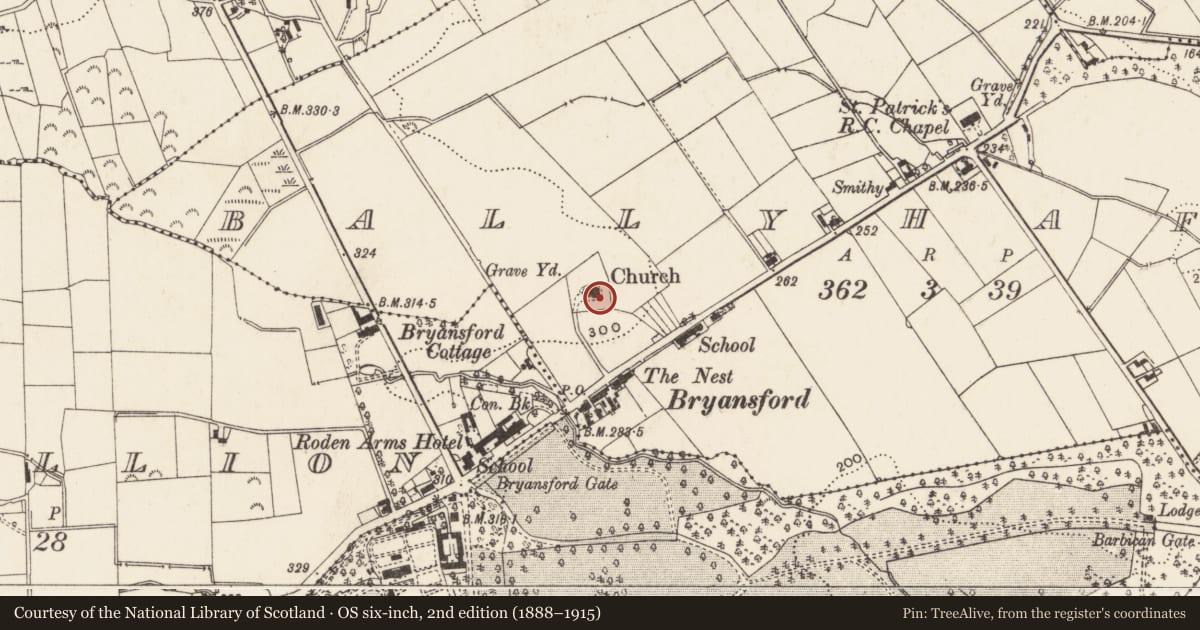 Ordnance Survey six-inch map, 2nd edition (1888–1915) covering the location of Kilcoo C of I Parish Church, Ballyhafry, Newry, Mourne and Down, with a pin at the register's coordinates