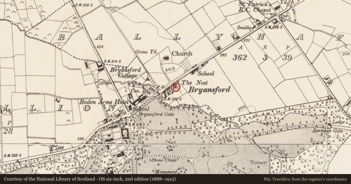 Ordnance Survey six-inch map, 2nd edition (1888–1915) covering the location of 'Labourers' Cottages', Ballyhafry, Newry, Mourne and Down, with a pin at the register's coordinates