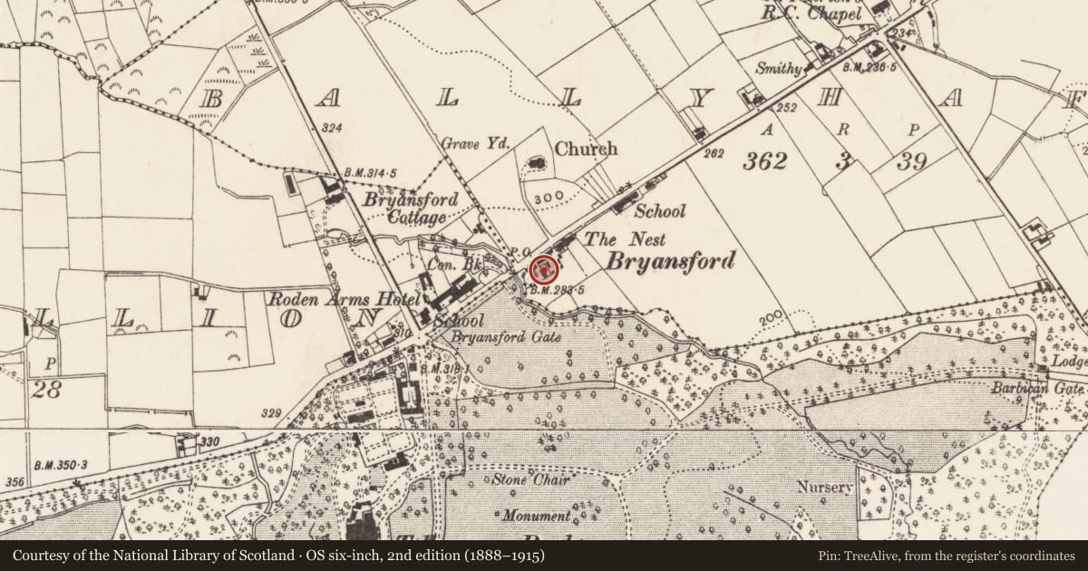 Ordnance Survey six-inch map, 2nd edition (1888–1915) covering the location of 64 Bryansford village, Ballyhafry, Newry, Mourne and Down, with a pin at the register's coordinates