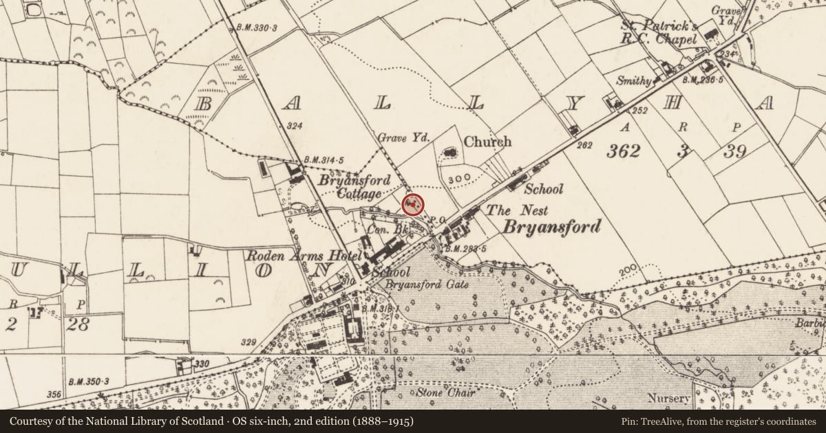 Ordnance Survey six-inch map, 2nd edition (1888–1915) covering the location of 69 Bryansford village, Aghacullion, Newry, Mourne and Down, with a pin at the register's coordinates
