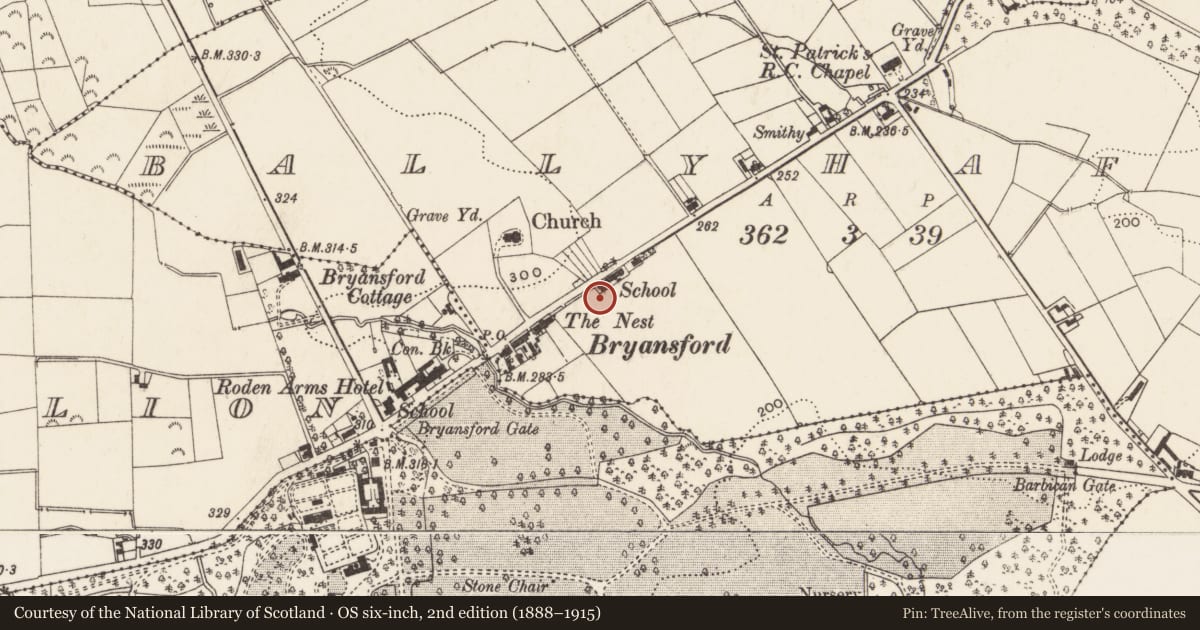 Ordnance Survey six-inch map, 2nd edition (1888–1915) covering the location of Former school house, Aghacullion, Newry, Mourne and Down, with a pin at the register's coordinates