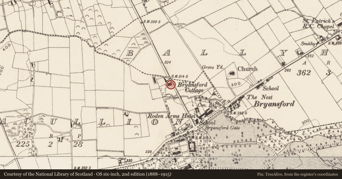 Ordnance Survey six-inch map, 2nd edition (1888–1915) covering the location of Bryansford Cottage, Aghacullion, Newry, Mourne and Down, with a pin at the register's coordinates