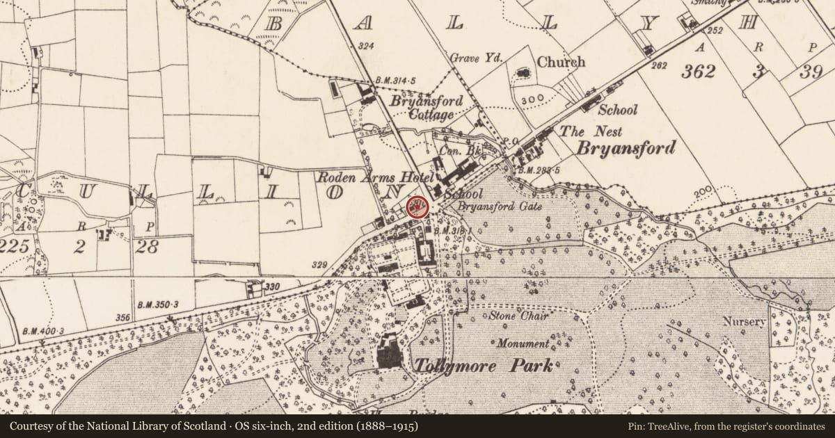 Ordnance Survey six-inch map, 2nd edition (1888–1915) covering the location of 'Long Cottage', Aghacullion, Newry, Mourne and Down, with a pin at the register's coordinates