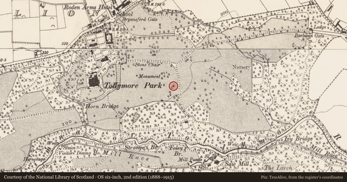 Ordnance Survey six-inch map, 2nd edition (1888–1915) covering the location of Inscribed stone, Tollymore Park, Newry, Mourne and Down, with a pin at the register's coordinates