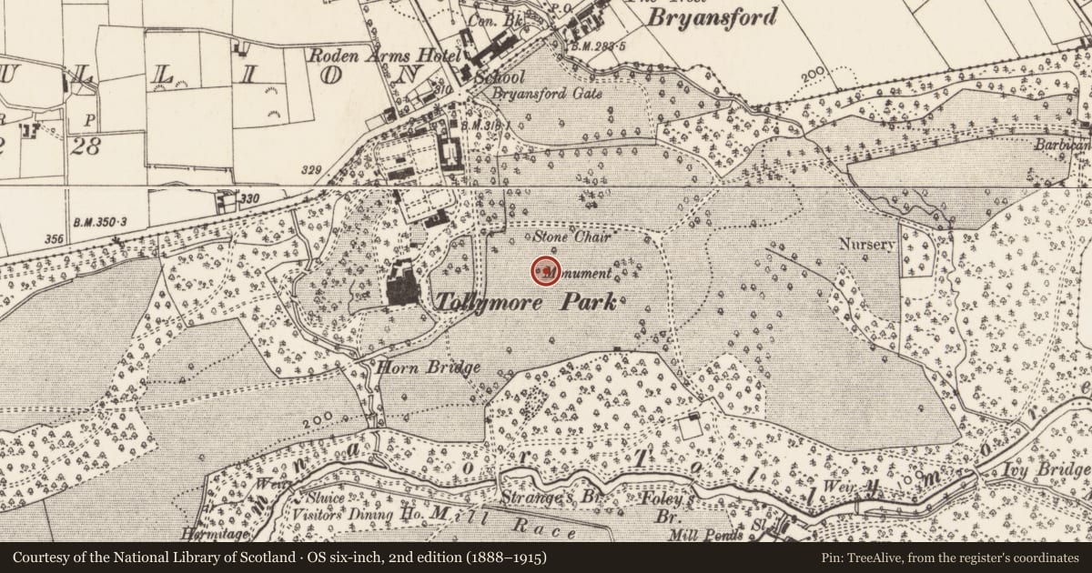 Ordnance Survey six-inch map, 2nd edition (1888–1915) covering the location of Monument, Tollymore Park, Newry, Mourne and Down, with a pin at the register's coordinates