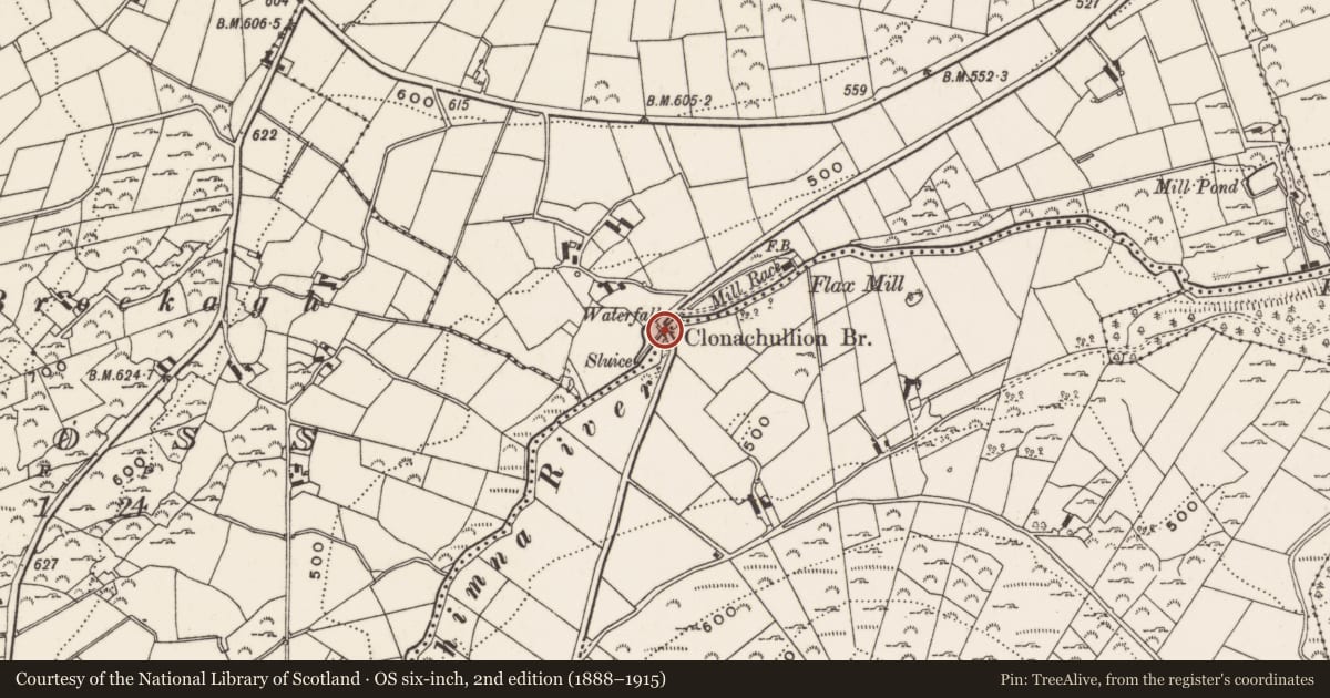Ordnance Survey six-inch map, 2nd edition (1888–1915) covering the location of Clonachullion Bridge, Clonachullion/Cross, Newry, Mourne and Down, with a pin at the register's coordinates