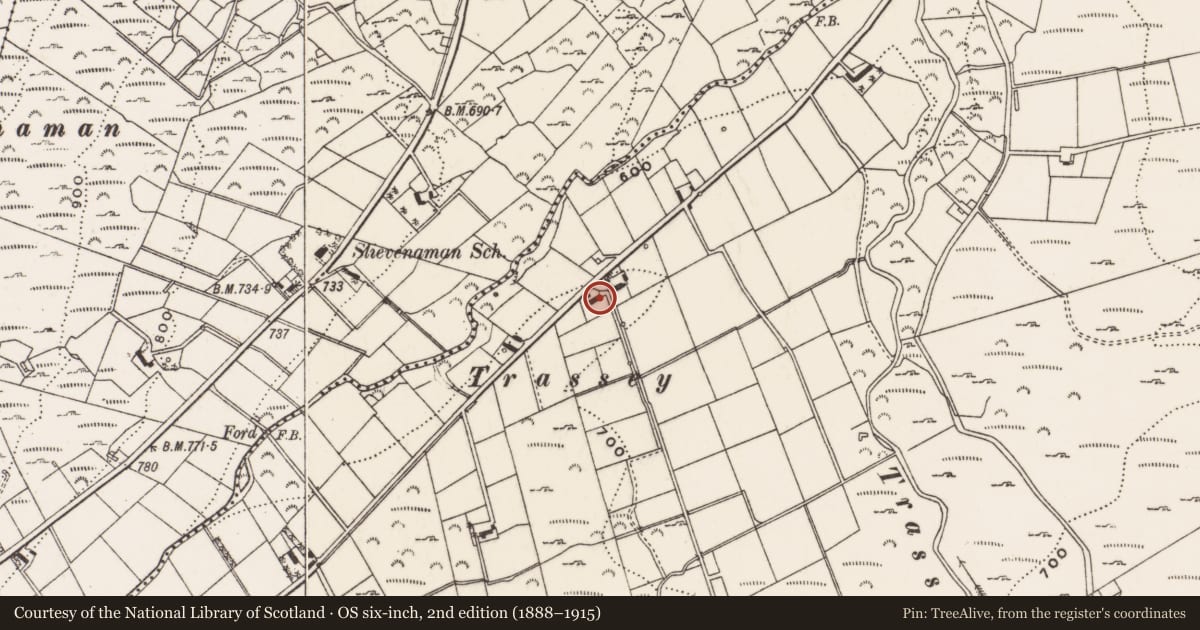 Ordnance Survey six-inch map, 2nd edition (1888–1915) covering the location of 54 Trassey Road, Clonachullion, Newry, Mourne and Down, with a pin at the register's coordinates