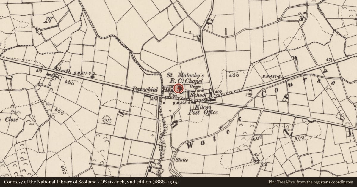 Ordnance Survey six-inch map, 2nd edition (1888–1915) covering the location of St Malachy's RC Church, Ballymoney, Newry, Mourne and Down, with a pin at the register's coordinates