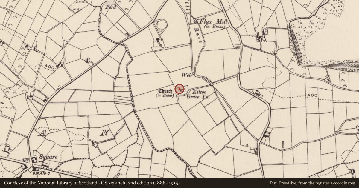Ordnance Survey six-inch map, 2nd edition (1888–1915) covering the location of Kilcoo old graveyard, Ballymoney, Newry, Mourne and Down, with a pin at the register's coordinates