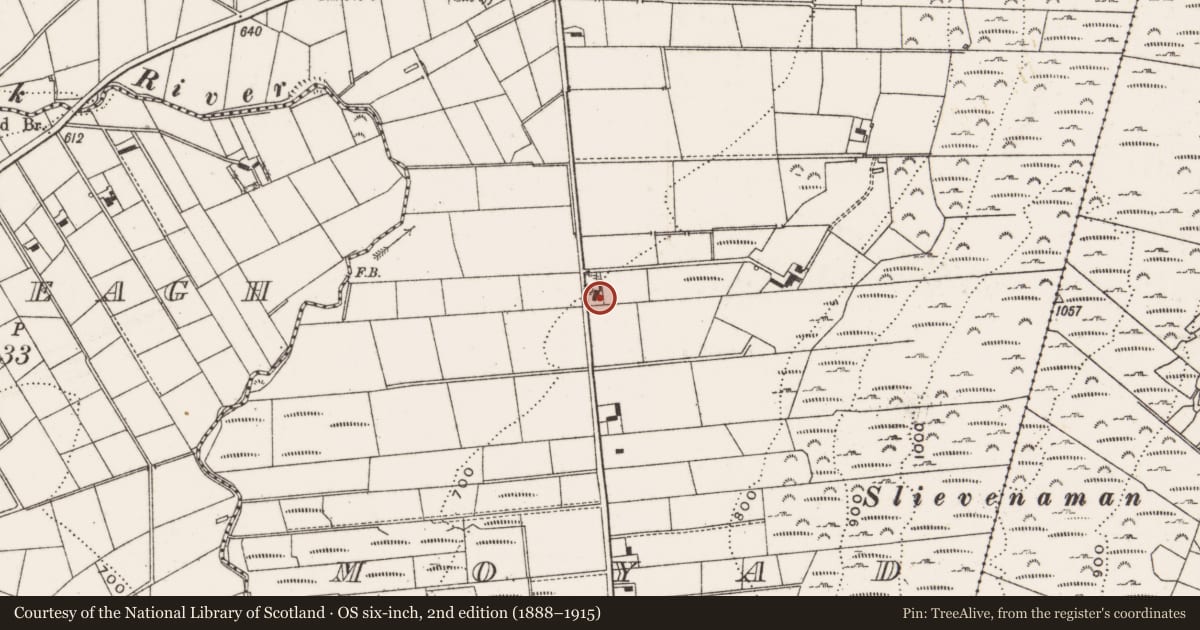Ordnance Survey six-inch map, 2nd edition (1888–1915) covering the location of 22 Moyad Road, Newry, Mourne and Down, with a pin at the register's coordinates