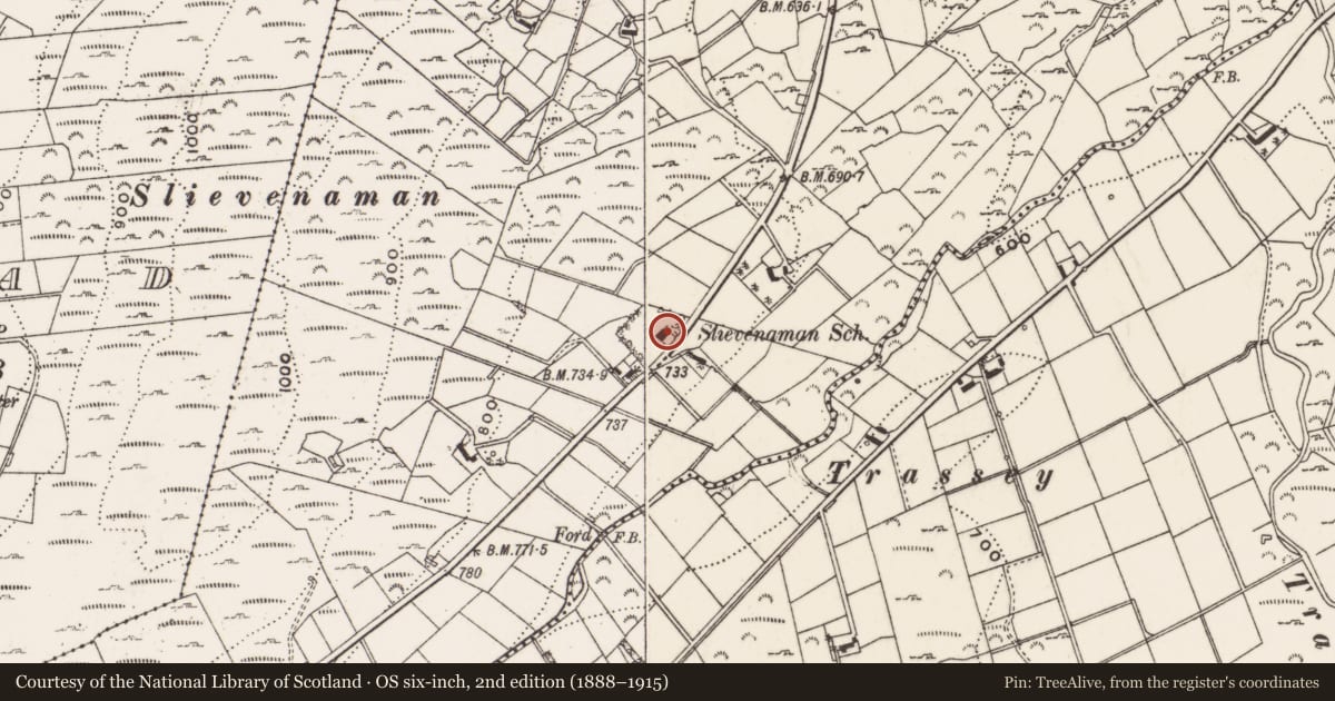 Ordnance Survey six-inch map, 2nd edition (1888–1915) covering the location of 31 Slievenaman Road, Cross, Newry, Mourne and Down, with a pin at the register's coordinates