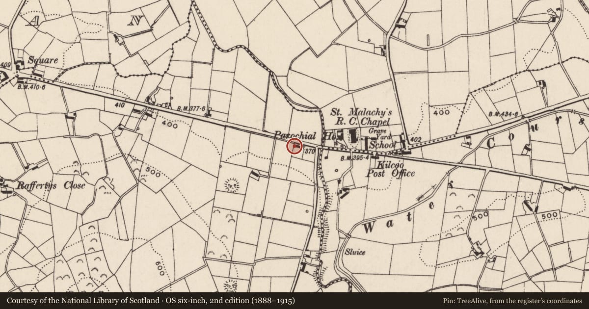 Ordnance Survey six-inch map, 2nd edition (1888–1915) covering the location of Former house next to 1 Mill Road, Fofannyreagh, Newry, Mourne and Down, with a pin at the register's coordinates