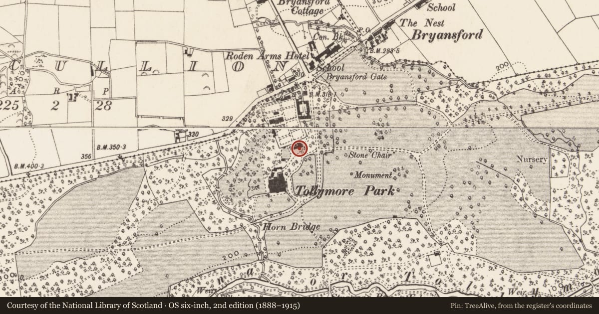 Ordnance Survey six-inch map, 2nd edition (1888–1915) covering the location of Tea House, Tollymore Forest Park, Bryansford, Newcastle, Aghacullen, Newry, Mourne and Down, with a pin at the register's coordinates