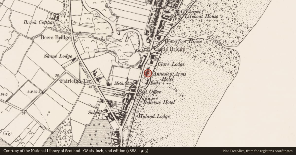 Ordnance Survey six-inch map, 2nd edition (1888–1915) covering the location of 'Annesley Mansions' ('Newcastle Centre'), Ballaghbeg, Newry, Mourne and Down, with a pin at the register's coordinates