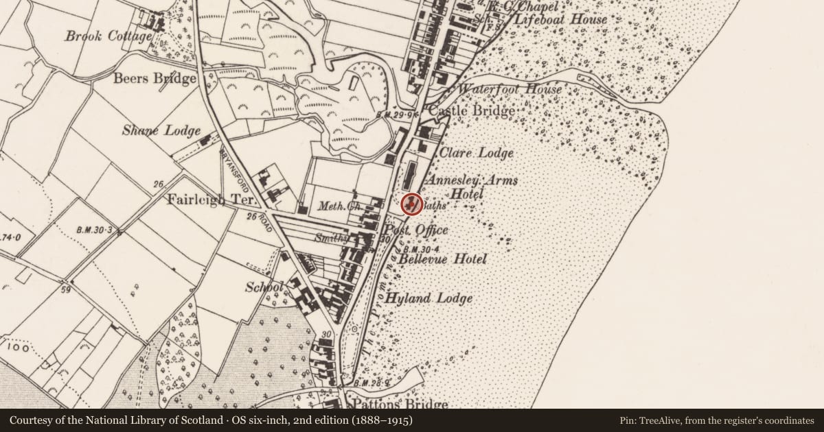 Ordnance Survey six-inch map, 2nd edition (1888–1915) covering the location of Entrance facade of former bath house, Ballaghbeg, Newry, Mourne and Down, with a pin at the register's coordinates