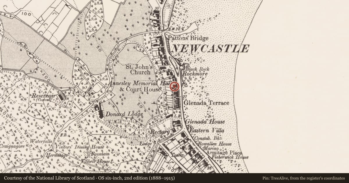 Ordnance Survey six-inch map, 2nd edition (1888–1915) covering the location of Annesley Estate office and hall, Ballaghbeg, Newry, Mourne and Down, with a pin at the register's coordinates