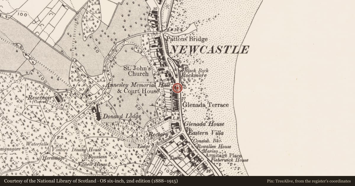Ordnance Survey six-inch map, 2nd edition (1888–1915) covering the location of Drinking fountain, Ballaghbeg, Newry, Mourne and Down, with a pin at the register's coordinates